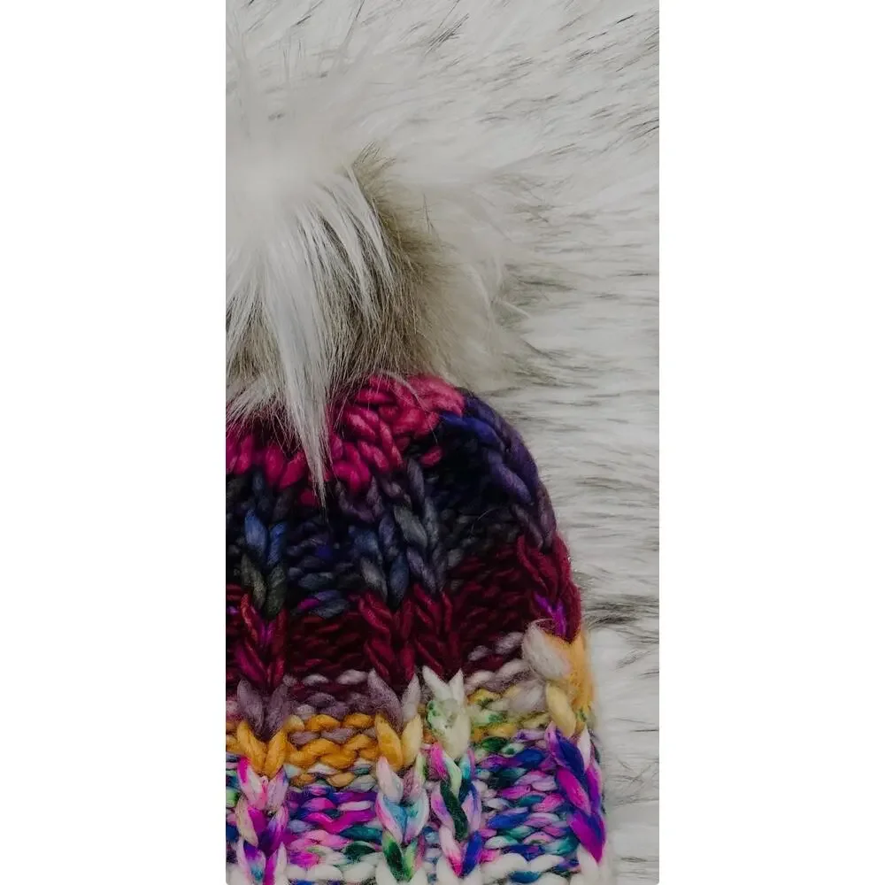 Handmade Neon Merino Wool Beanie: Colorful Winter Hat with Faux Fur Pom